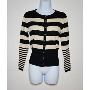 Audrey & Grace Women's Black Beige Striped Snap-Front Cardigan Petite NWT